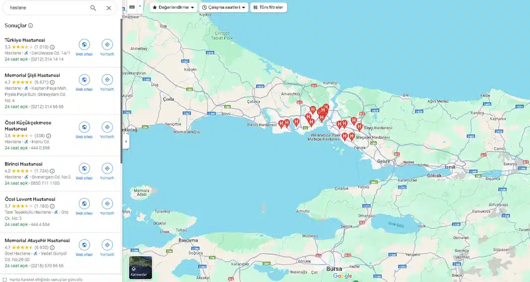 Google Harita SEO: "hastane" anahtar kelimesiyle yapılan Google arama sonuçları